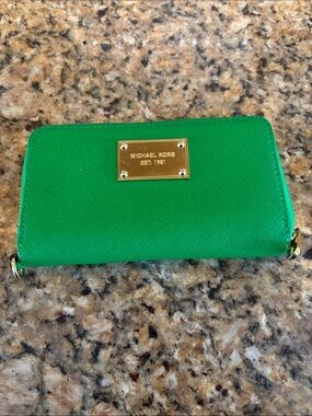 Michael Kors Emerald Saffiano Zip-Around Wallet with Gold Plate